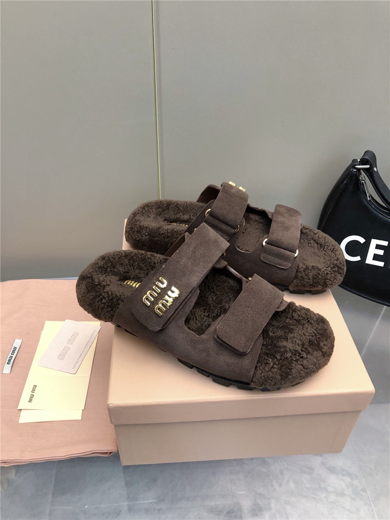 Miu Miu Dark Brown Suede Shearling Slide Sandals