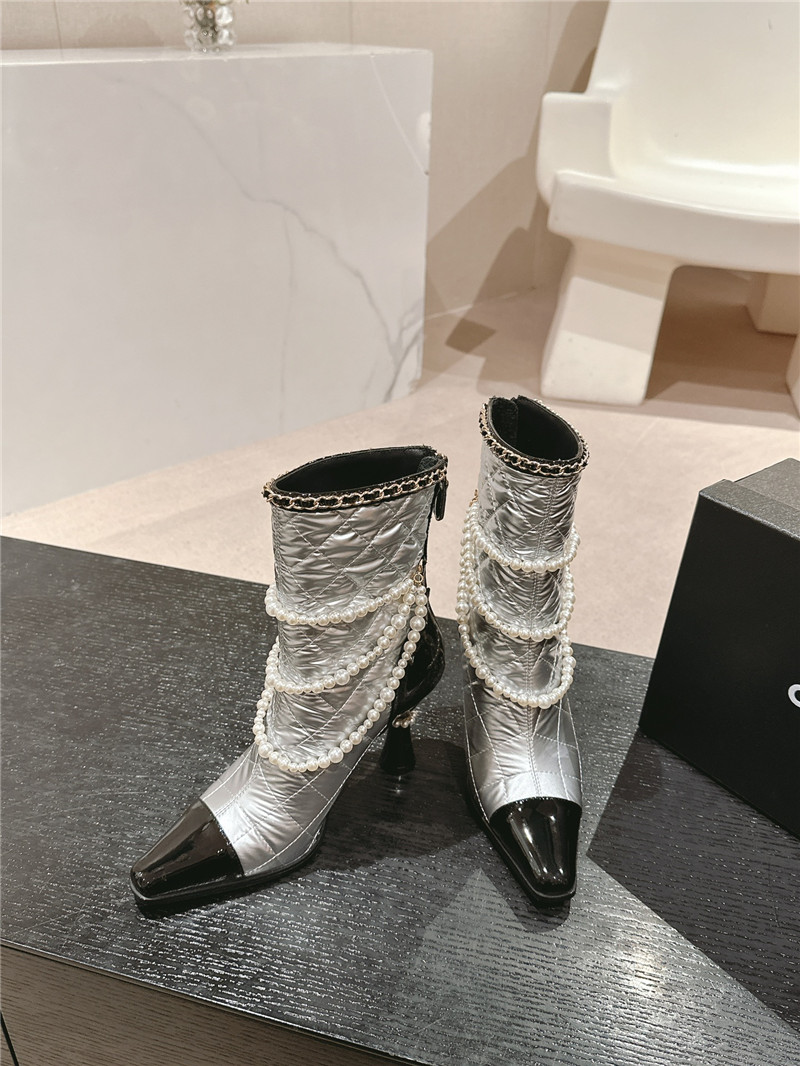 Ch**el silver leather pearl ankle boots