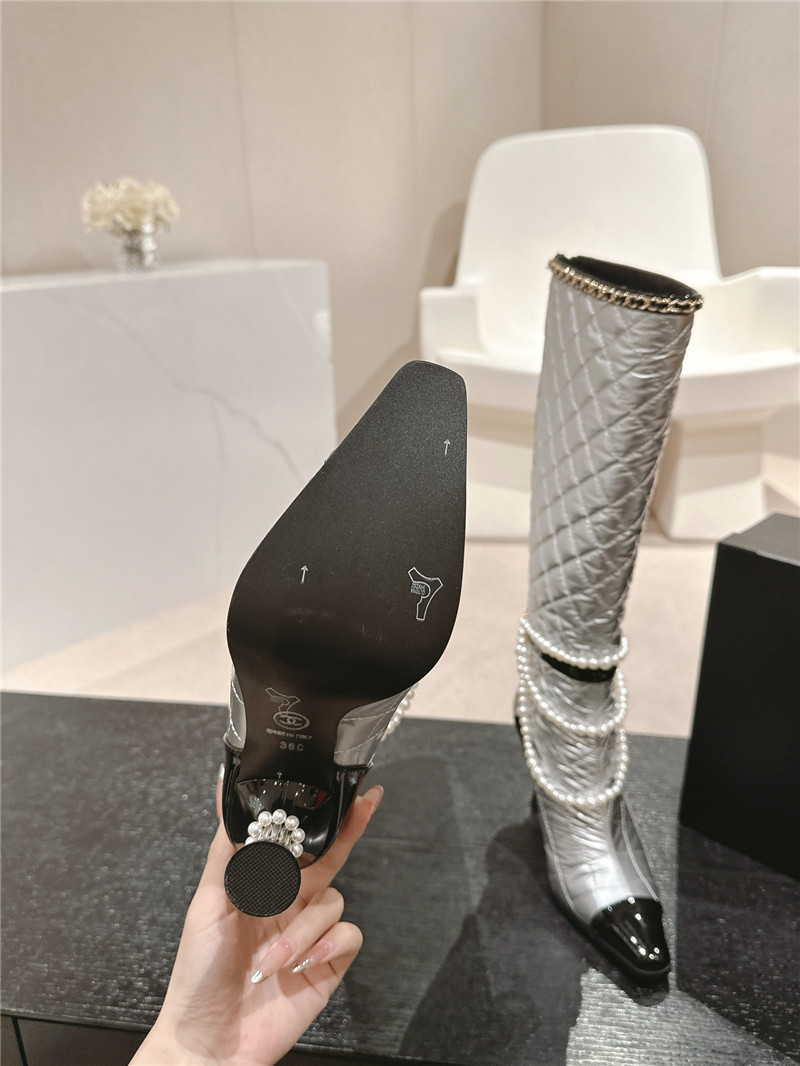 Ch**el silver leather pearl high boots