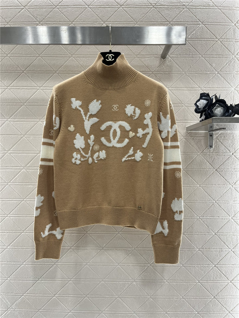 Ch**el floral turtleneck knit sweater beige