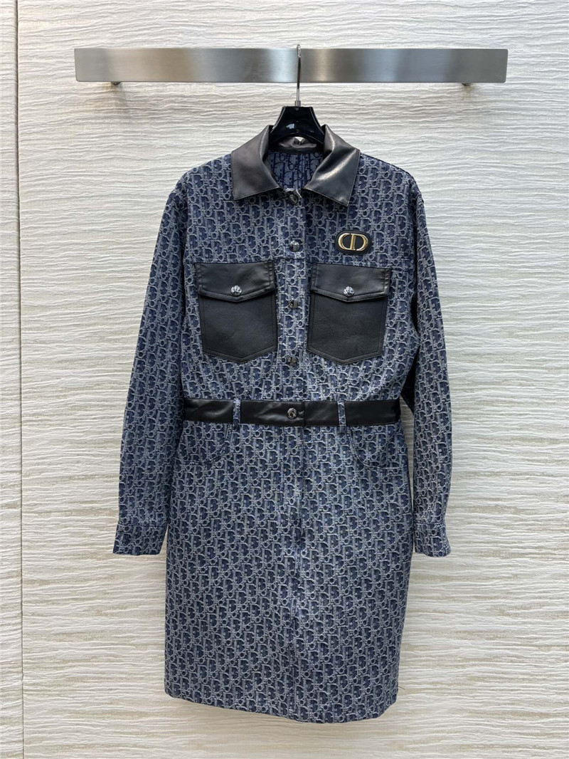 D10r navy blue patterned denim belted dress