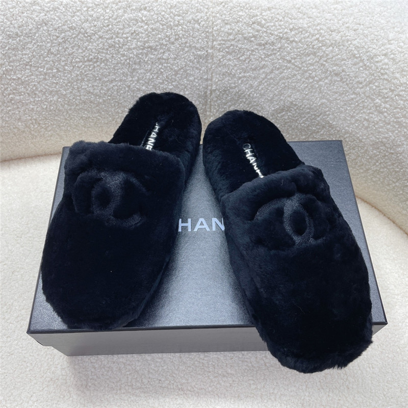 Ch**el pink shearling lambskin mules black