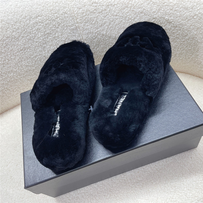 Ch**el pink shearling lambskin mules black