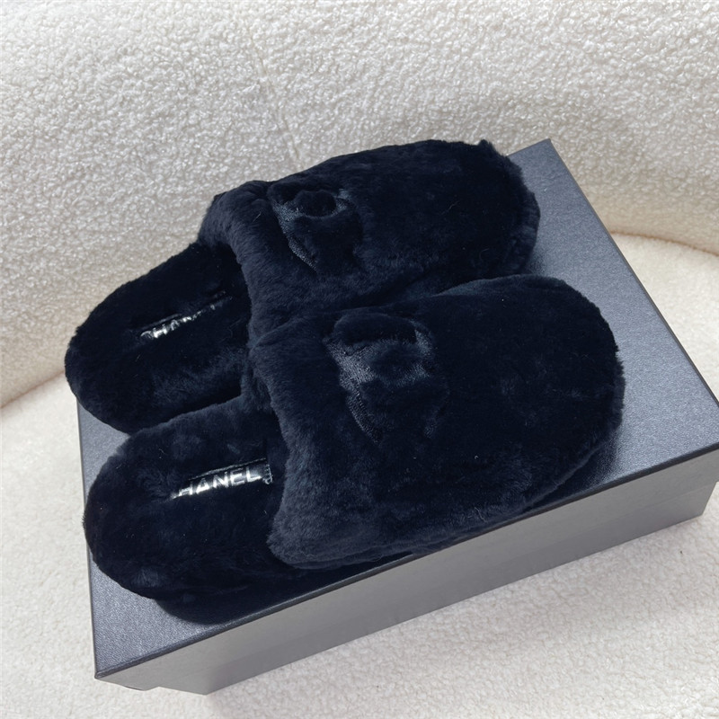 Ch**el pink shearling lambskin mules black