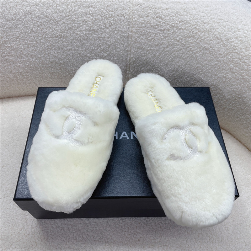 Ch**el pink shearling lambskin mules white