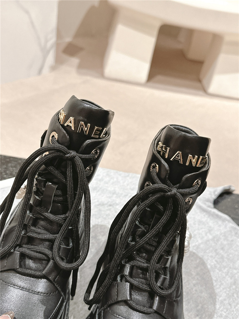 Ch**el calfskin lace-up platform round toe ankle boots
