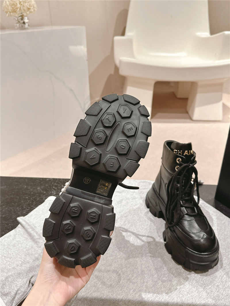 Ch**el calfskin lace-up platform round toe ankle boots