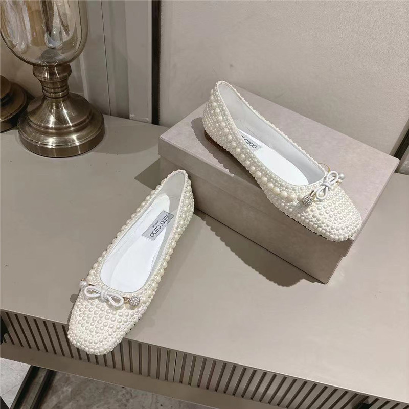 J1m*y Ch00 elme white satin pearl flats