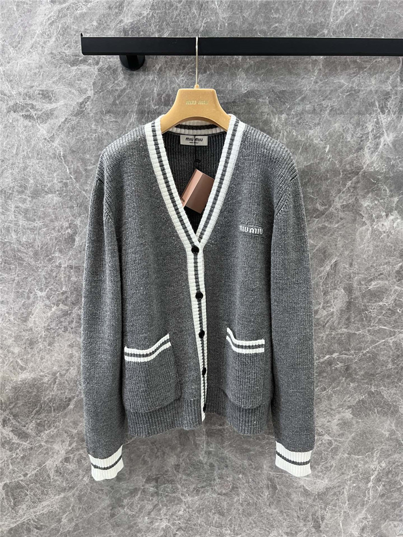 Miu Miu Stripe V-Neck Wool Cardigan in Grey