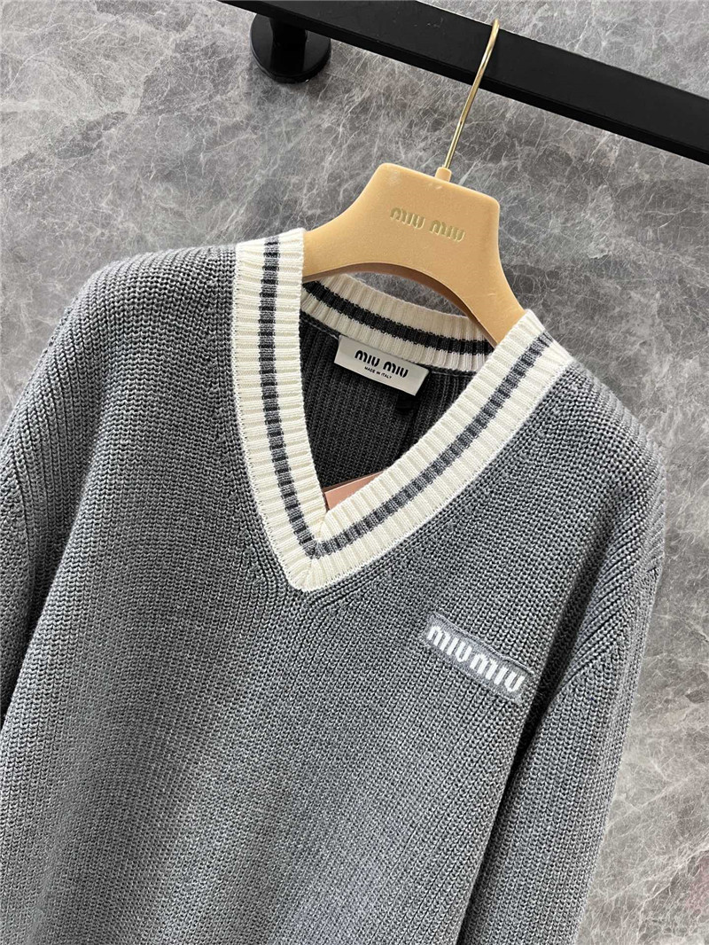 Miu Miu Stripe V-Neck Wool Sweater in Grey