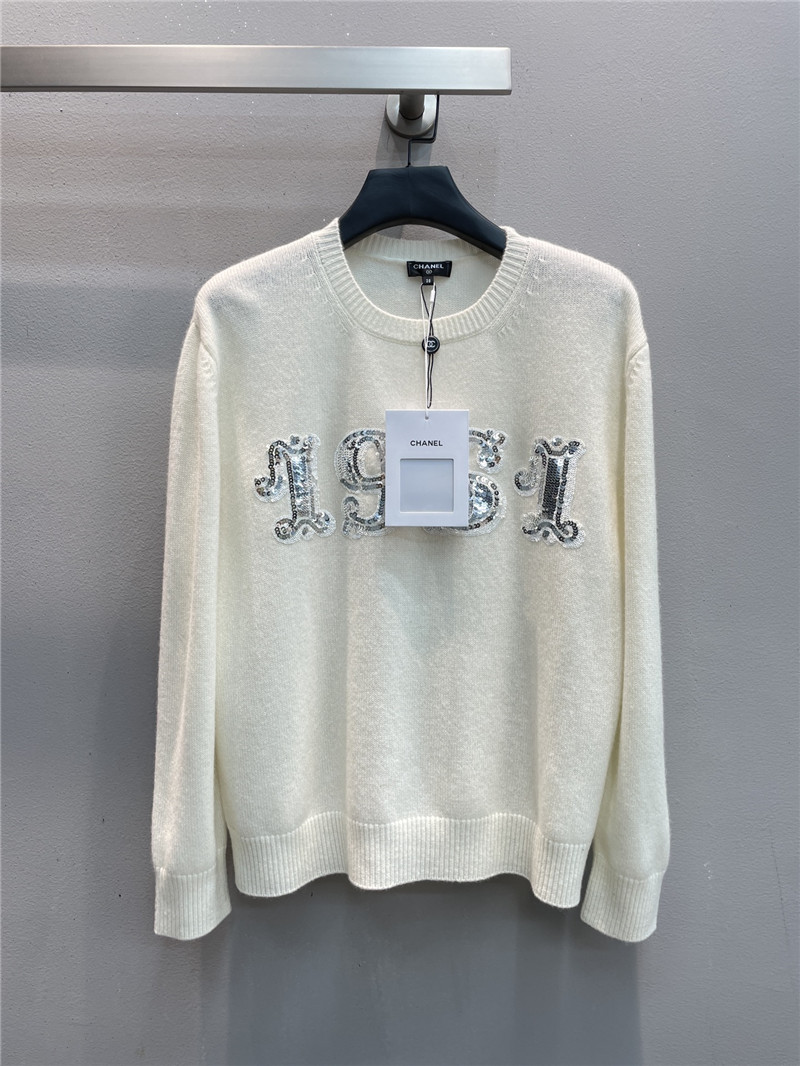Ch**el sequin embroidered wool sweater in white