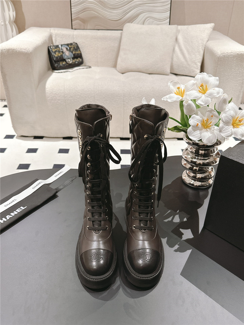 Ch**el brown check lace up platform high boots