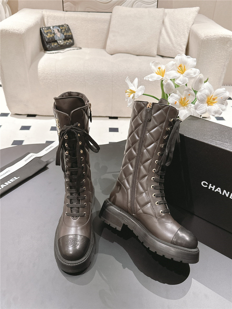 Ch**el brown check lace up platform high boots