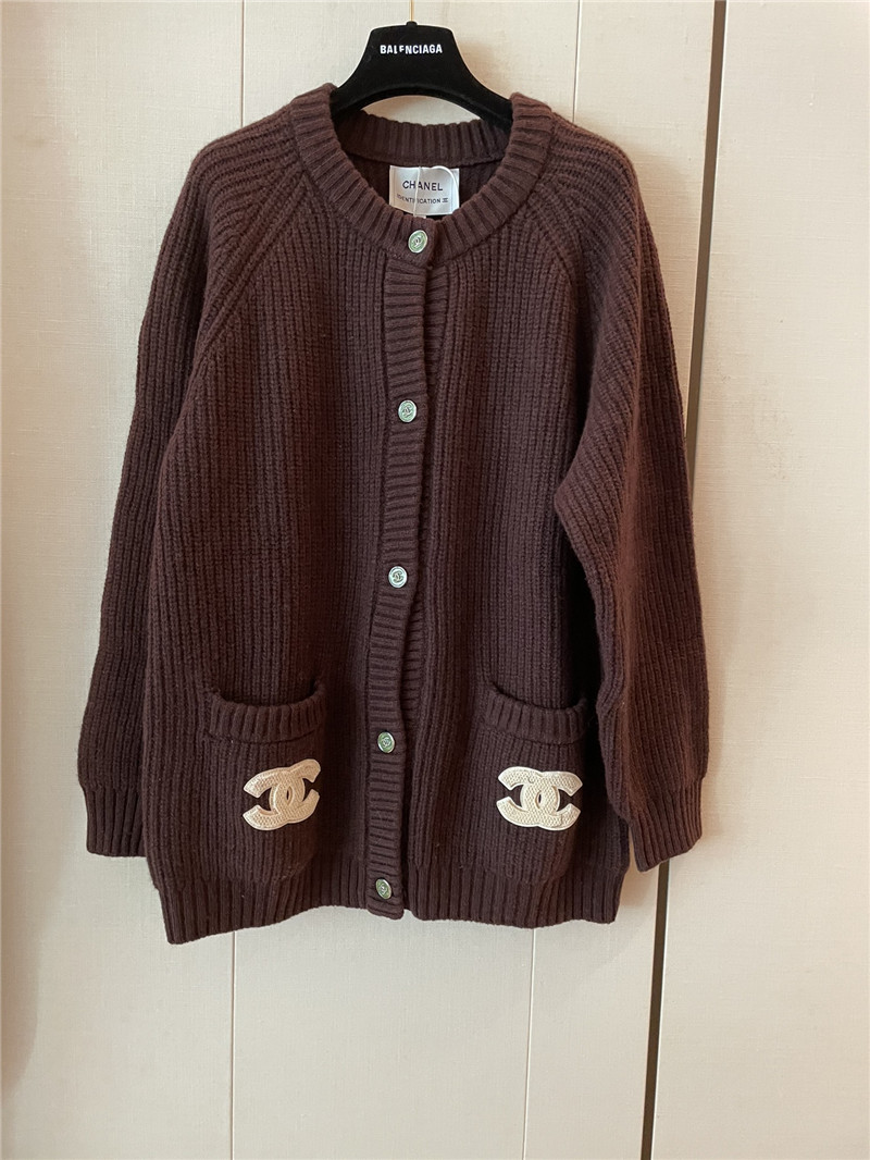 Ch**el pocket rib wool cardigan brown