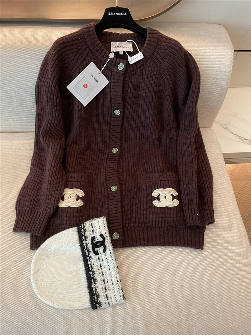 Ch**el pocket rib wool cardigan brown