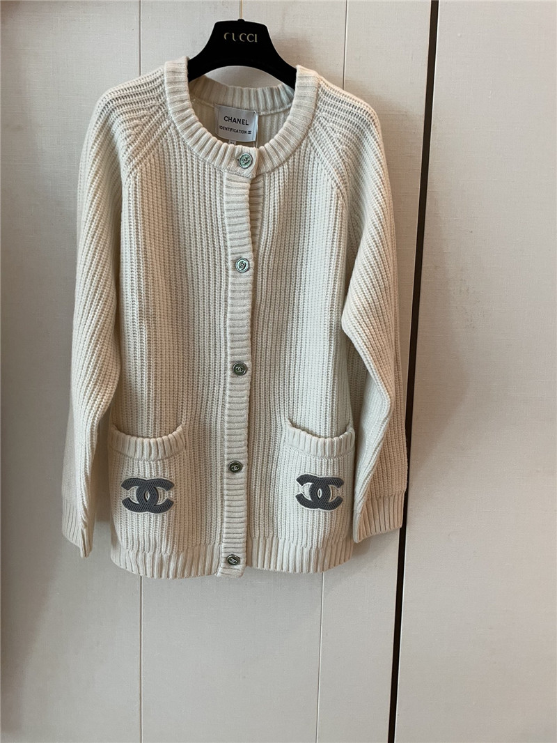 Ch**el pocket rib wool cardigan off-white