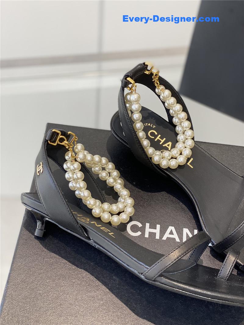 Ch**el black pearl ankle strap flat sandals