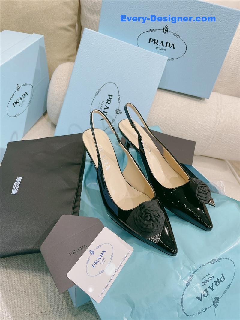Pra*a patent leather back strap flower heel sandals