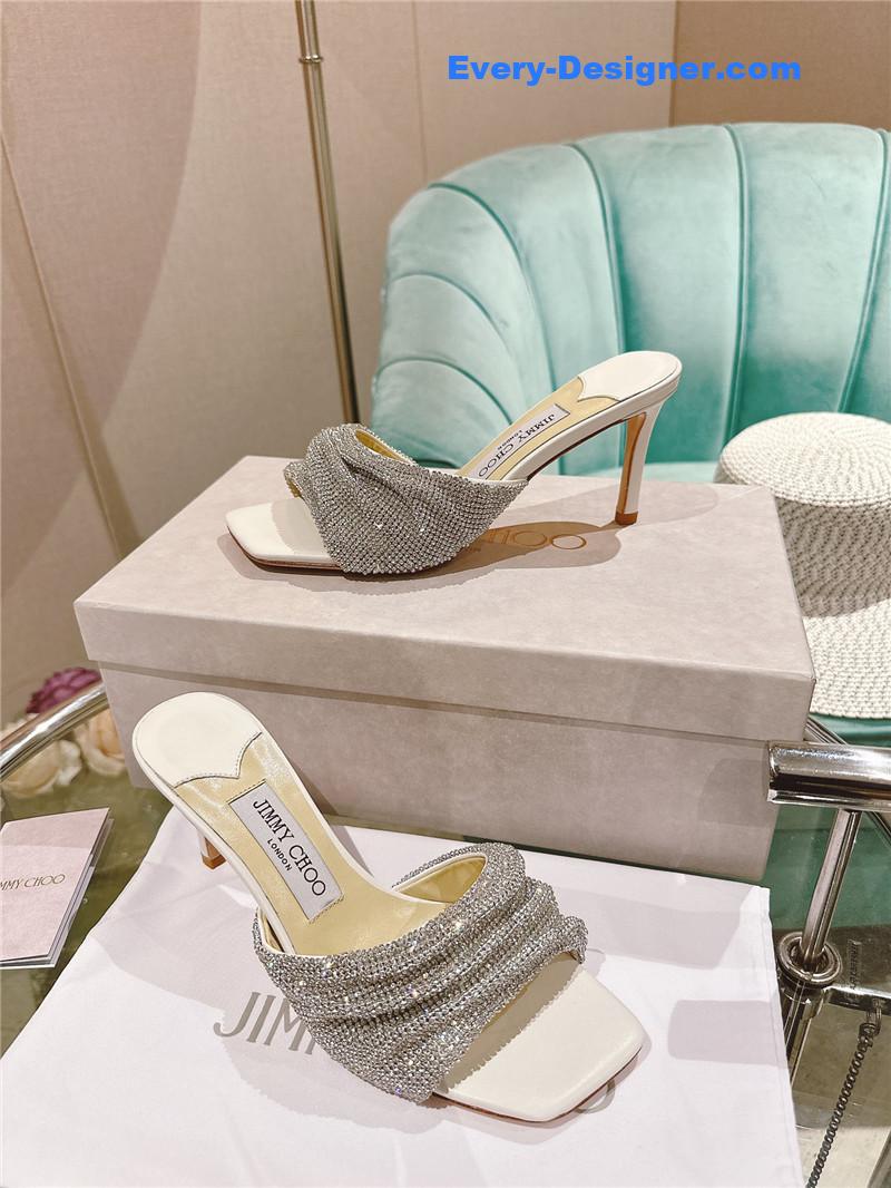 J1m*y Ch00 rhinestone high heel slippers