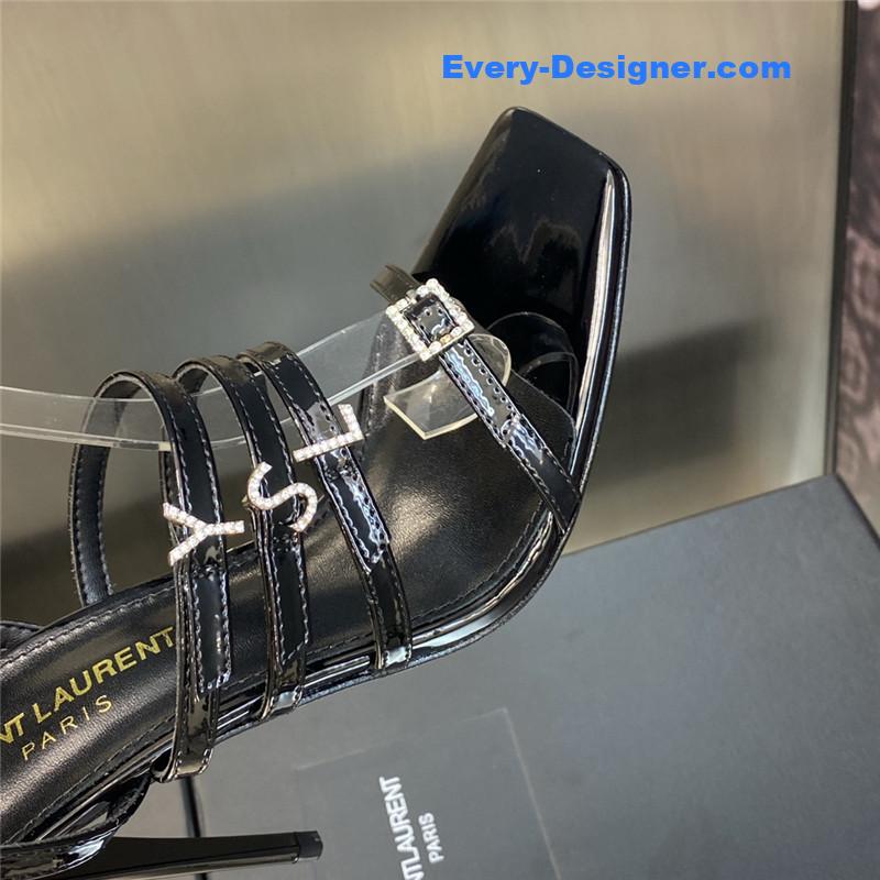 Y51 letter logo rhinestone buckle high heel sandals