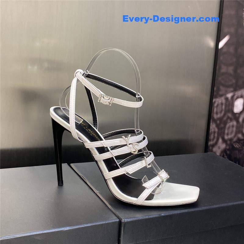 Y51 letter logo rhinestone buckle high heel sandals