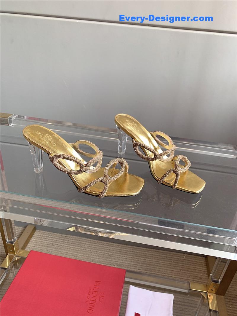 Va1e*ntin0 new crystal heel high-heeled slippers