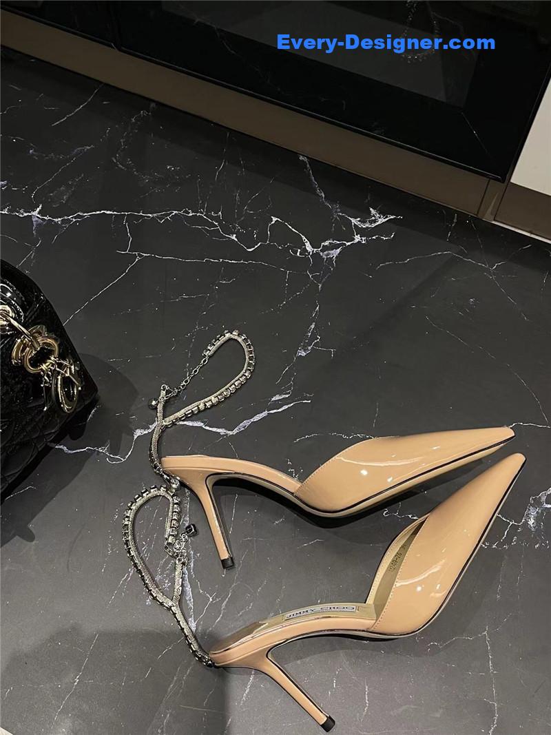 J1m*y Ch00 patent-leather crystal chain pumps