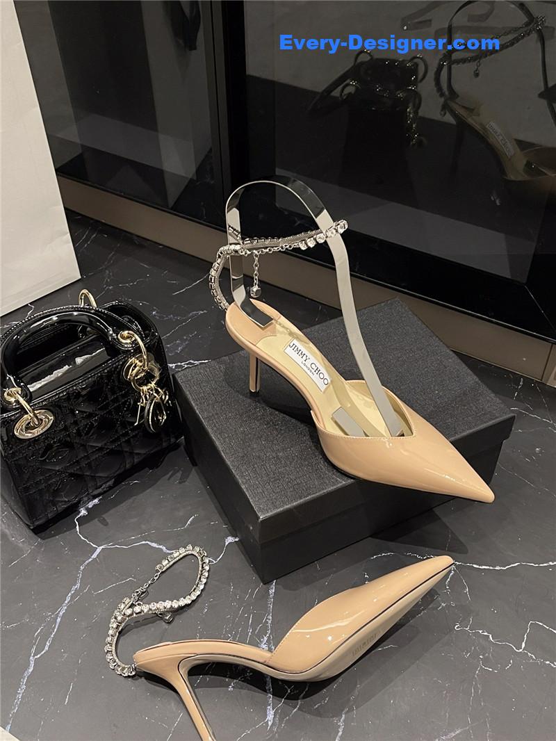 J1m*y Ch00 patent-leather crystal chain pumps