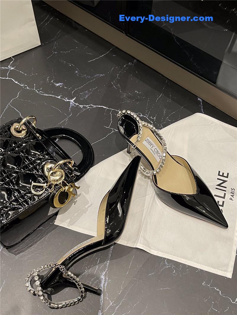 J1m*y Ch00 patent-leather crystal chain pumps