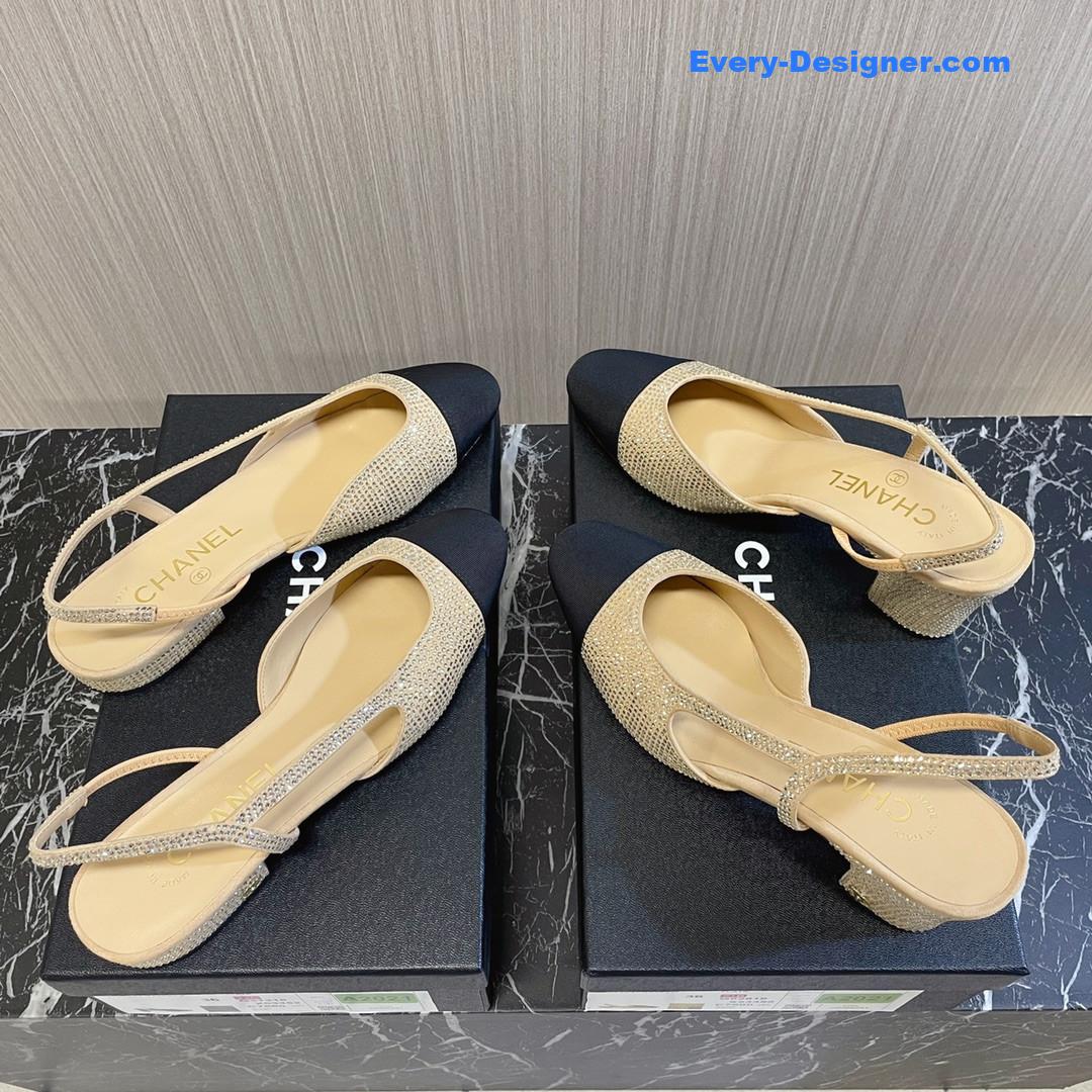 CC rhinestone thick heel side empty sandals
