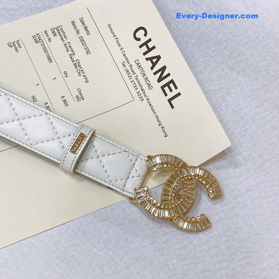 Ch**el rhinestone golden brass metal logo buckle calfskin belt