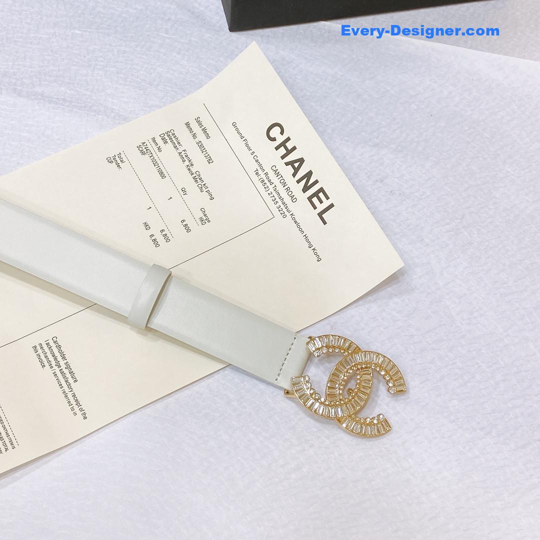 Ch**el rhinestone golden brass metal logo buckle calfskin belt
