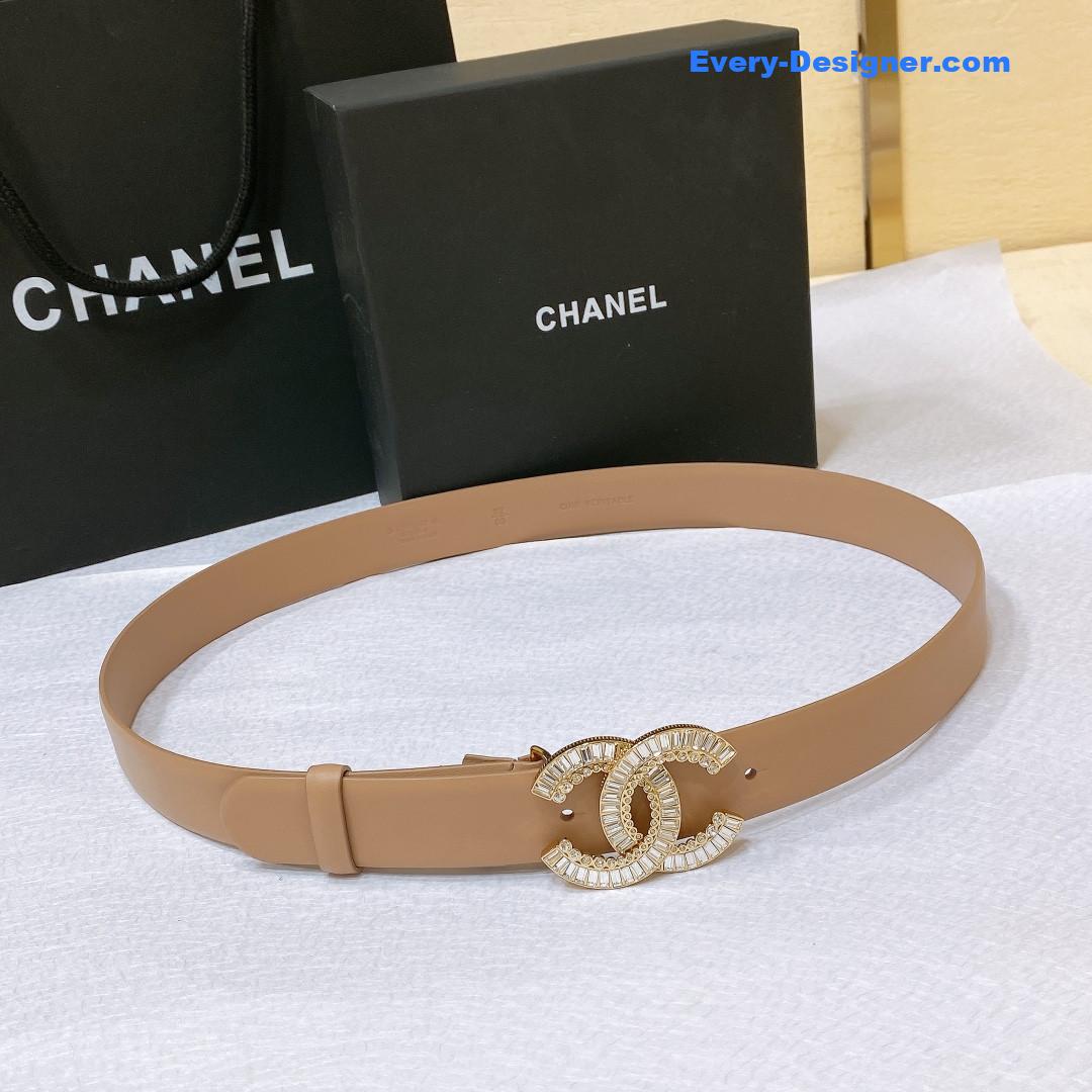 Ch**el rhinestone golden brass metal logo buckle calfskin belt