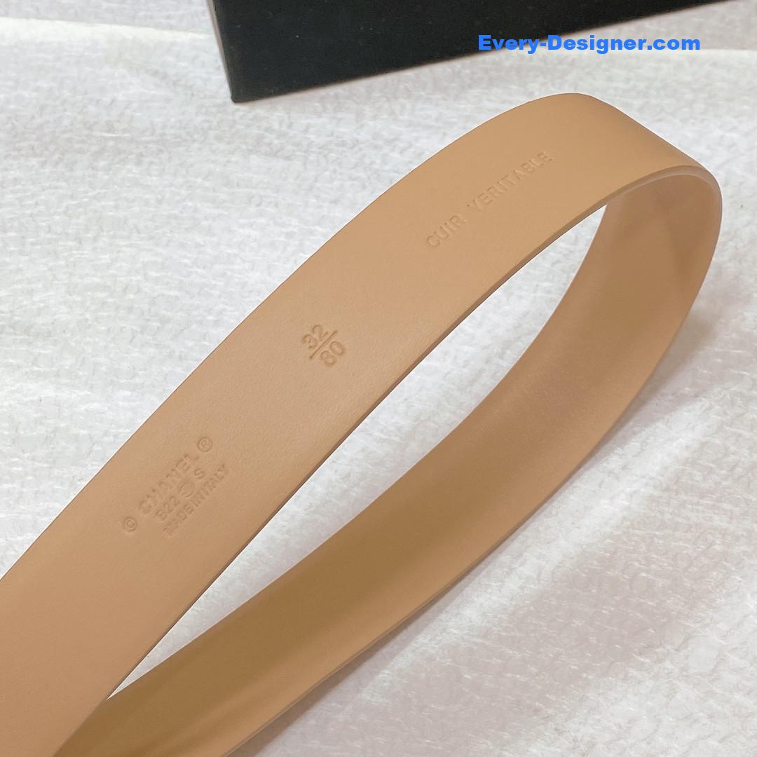 Ch**el rhinestone golden brass metal logo buckle calfskin belt
