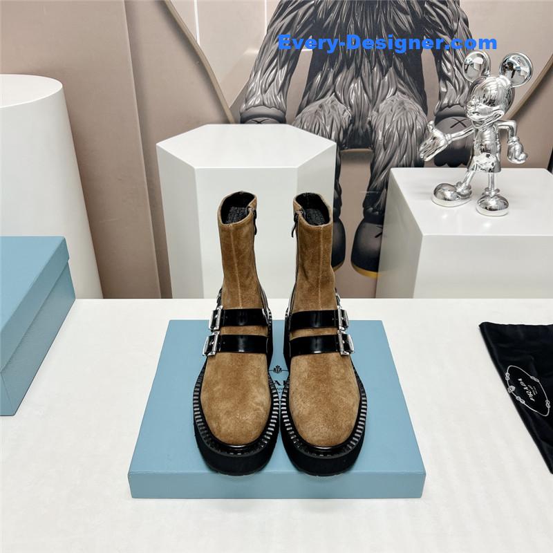 Pra*a round toe double buckle platform ankle boots