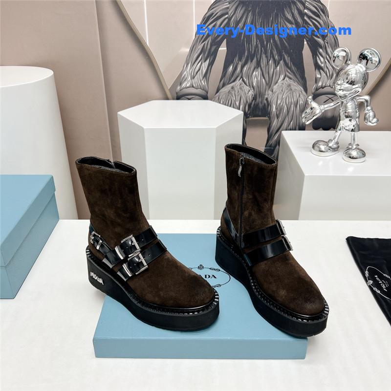 Pra*a round toe double buckle platform ankle boots