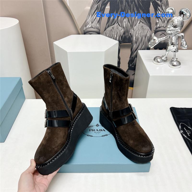 Pra*a round toe double buckle platform ankle boots