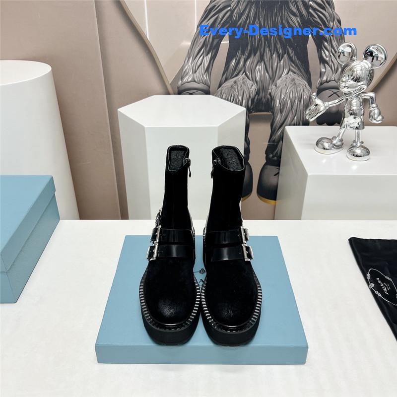 Pra*a round toe double buckle platform ankle boots