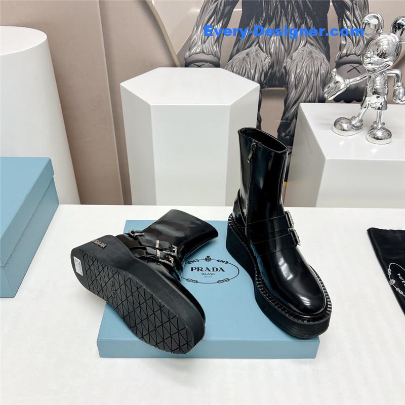 Pra*a round toe double buckle platform ankle boots