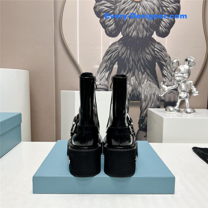 Pra*a round toe double buckle platform ankle boots