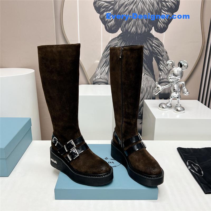 Pra*a round toe double buckle platform boots