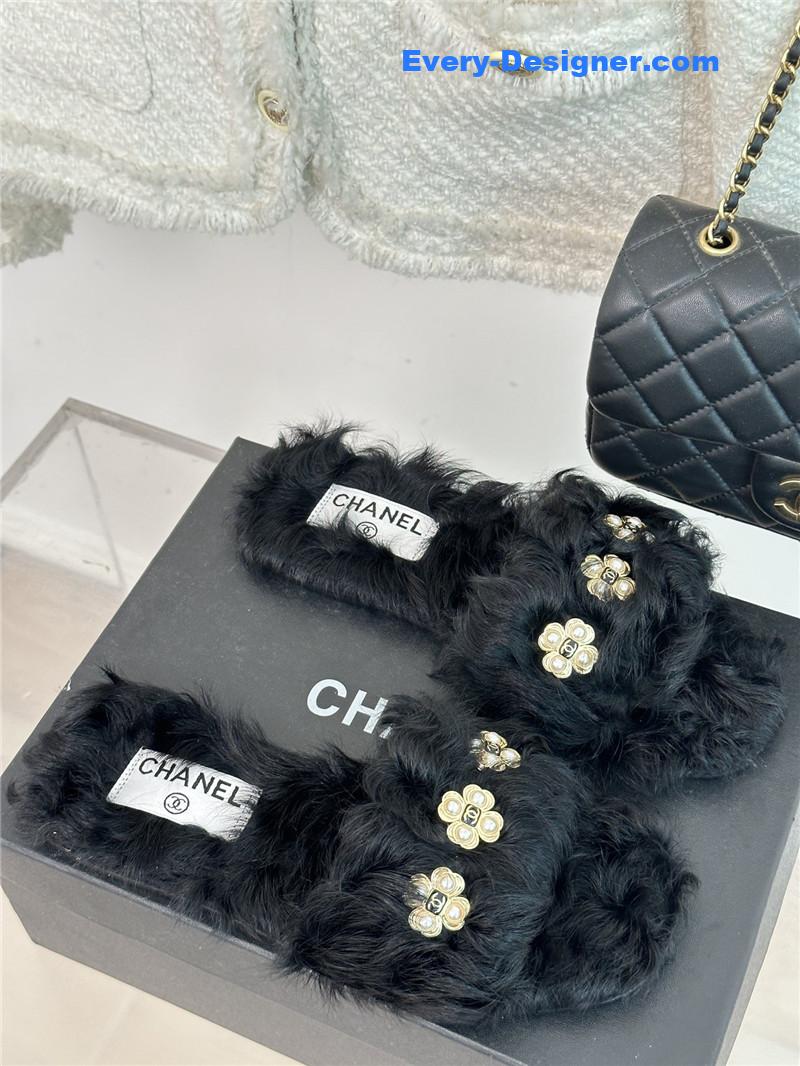 CC new Mier pure wool double C four-leaf clover fur slippers