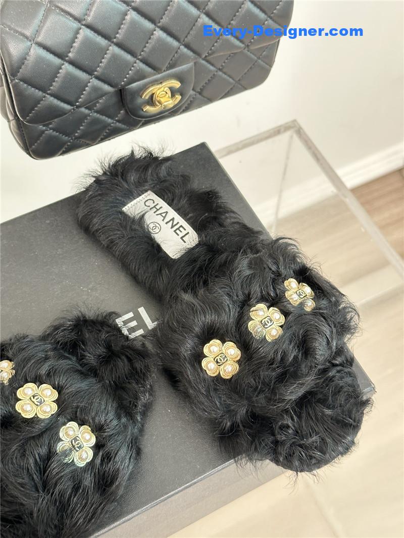 CC new Mier pure wool double C four-leaf clover fur slippers