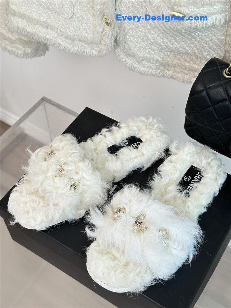 CC new Mier pure wool double C four-leaf clover fur slippers
