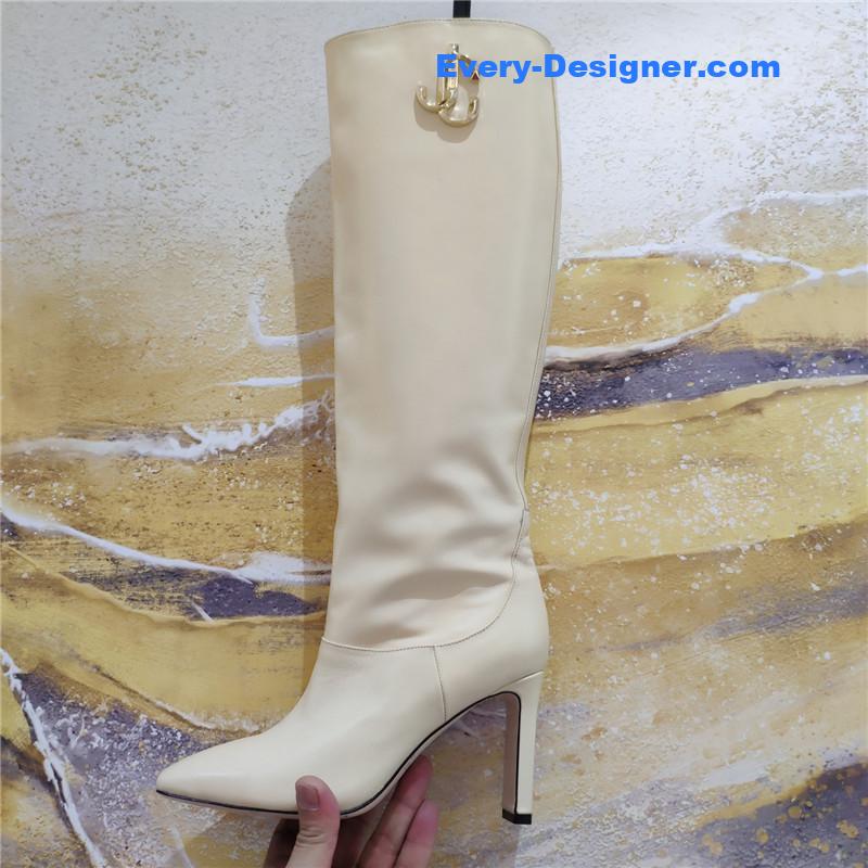 J1m*y Ch00 signature jc buckle chunky heel leather boots