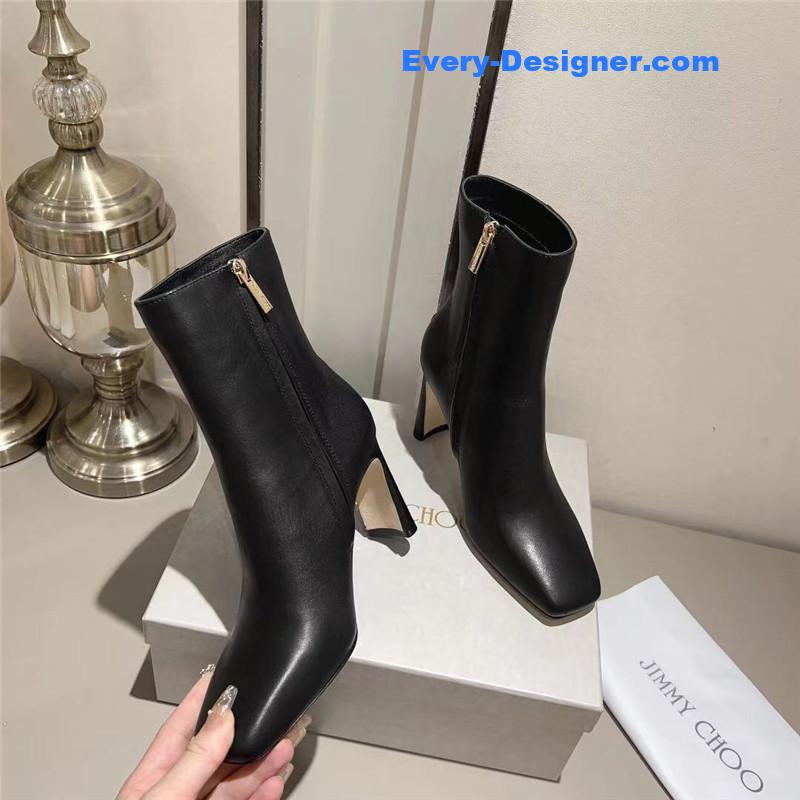 J1m*y Ch00 black patent leather block heel ankle boots