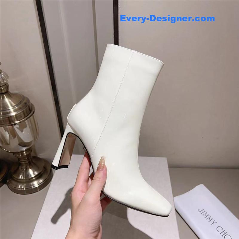 J1m*y Ch00 black patent leather block heel ankle boots