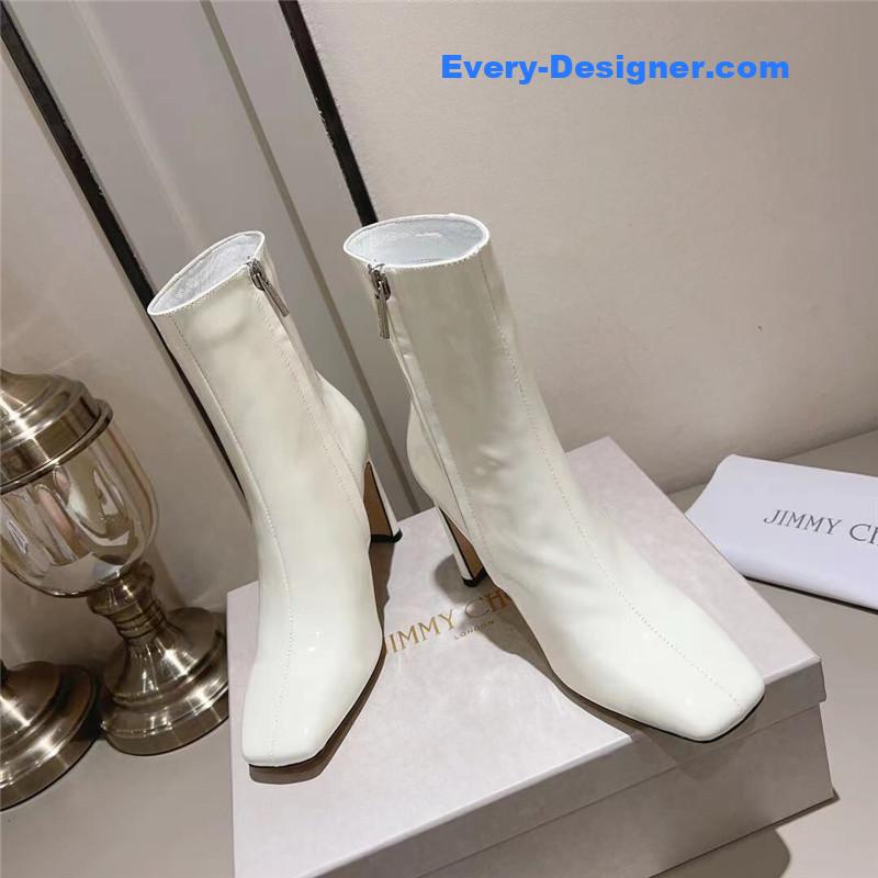 J1m*y Ch00 black patent leather block heel ankle boots