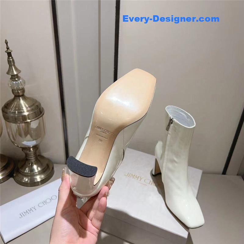 J1m*y Ch00 black patent leather block heel ankle boots