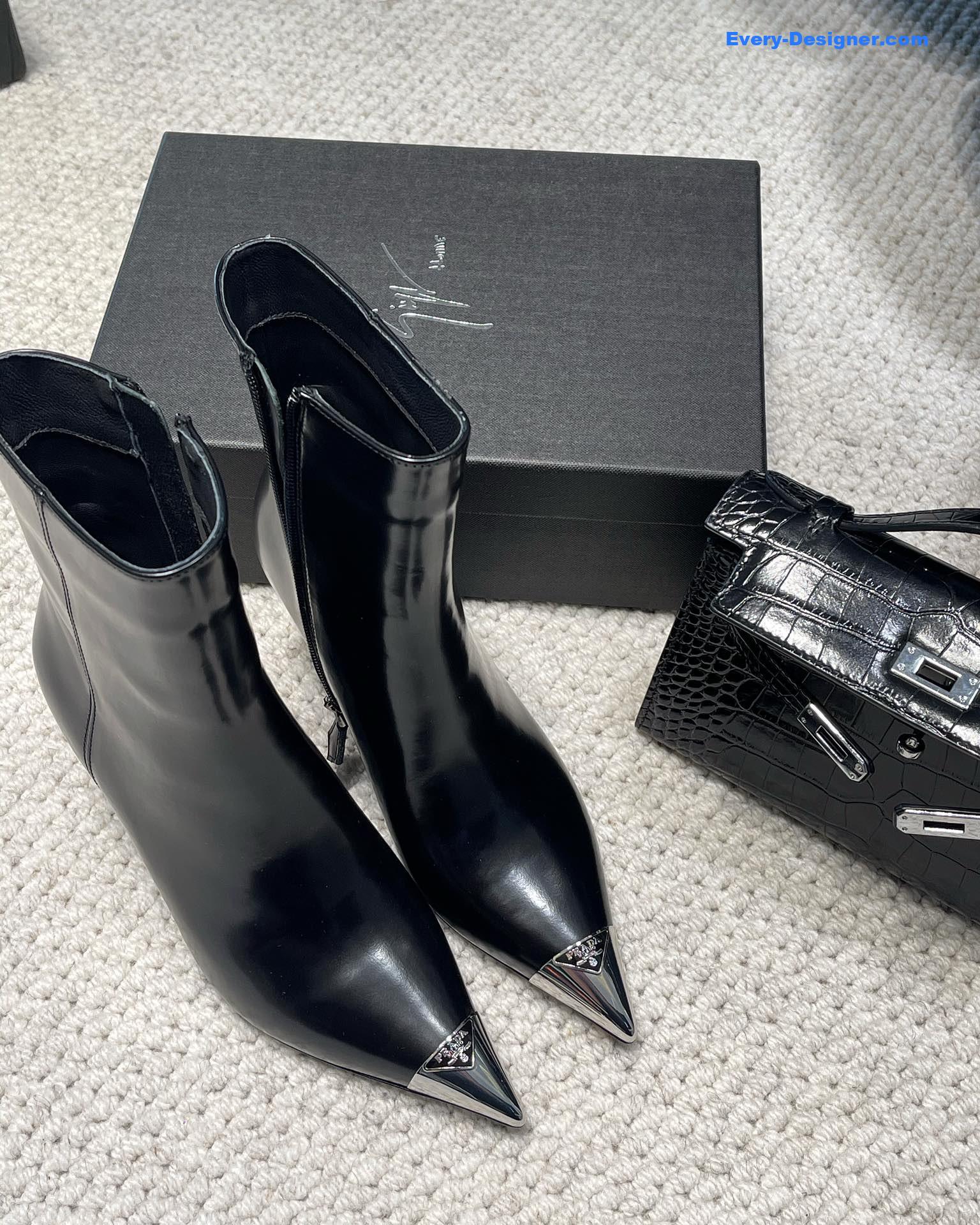 Pra*a autumn winter iron toe triangle logo ankle boots